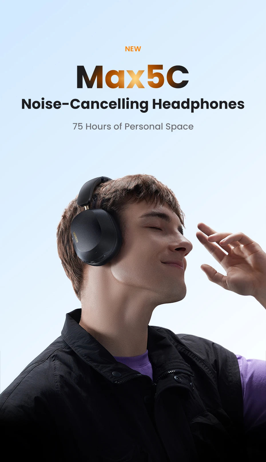 UGREEN Max5c Wireless Bluetooth Headphones 43dB Hybrid Active Noise Cancellation Hi-Res LDAC 75H Spatial Audio Earbuds Headset
