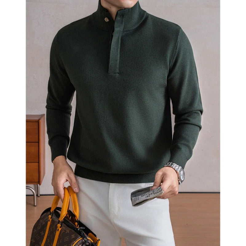 Old Money Style Men's Semi-High Neck Henley Sweater 4.6% Wool Blend Anti-Pilling Knit  Korean Casual Daily Wear
