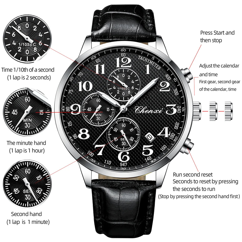 CHENXI Watches For Men Multi-functional Quartz Man Watch Calendar Luminous Chronograph Men's Wristwatches Gifts