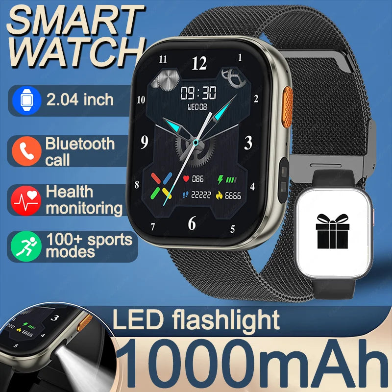 New 1000mAh Large Battery Smartwatch Men Women | 2.04"HD Screen BluetoothCall Heart Rate Monitor Flashlight Sports Fitness Watch