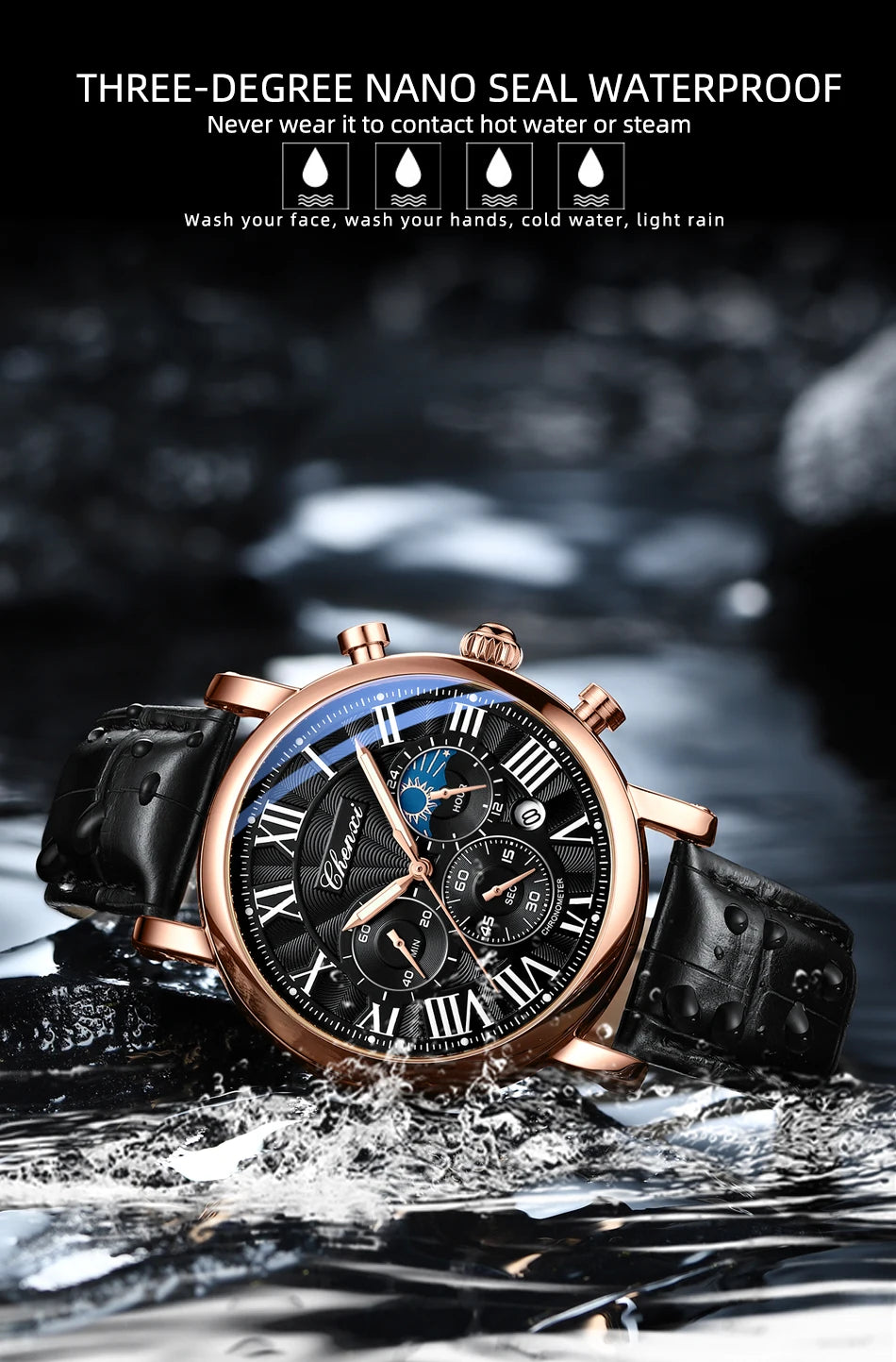 CHENXI Multifunction Men's Watches Business Roman Numerals Leather Strap Quartz Man Watch Chronograph Moon Phase Calendar