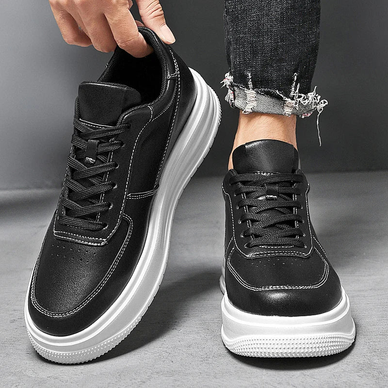 British Style Casual Leather Men's Vulcanized Shoes Fashion Low Top Thick Bottom Antiskid Sneakers Genuine Leather Board Shoes