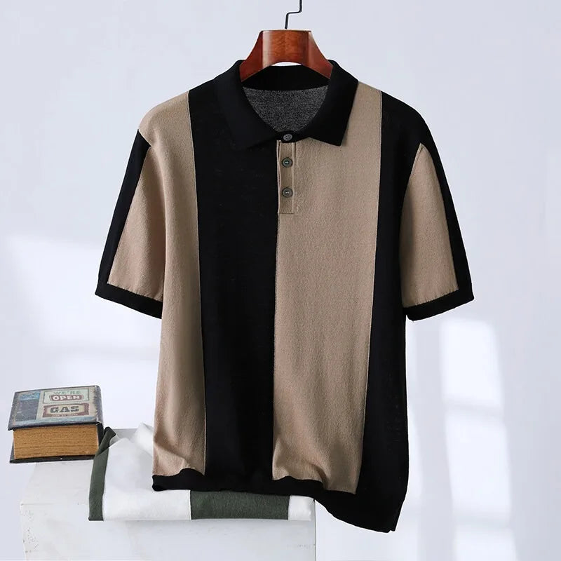 High-quality Color Blocked Striped Knitting Men's Polo Shirts Summer Thin Ice Silk Breathable Lapel T-shirt Business Casual Tees