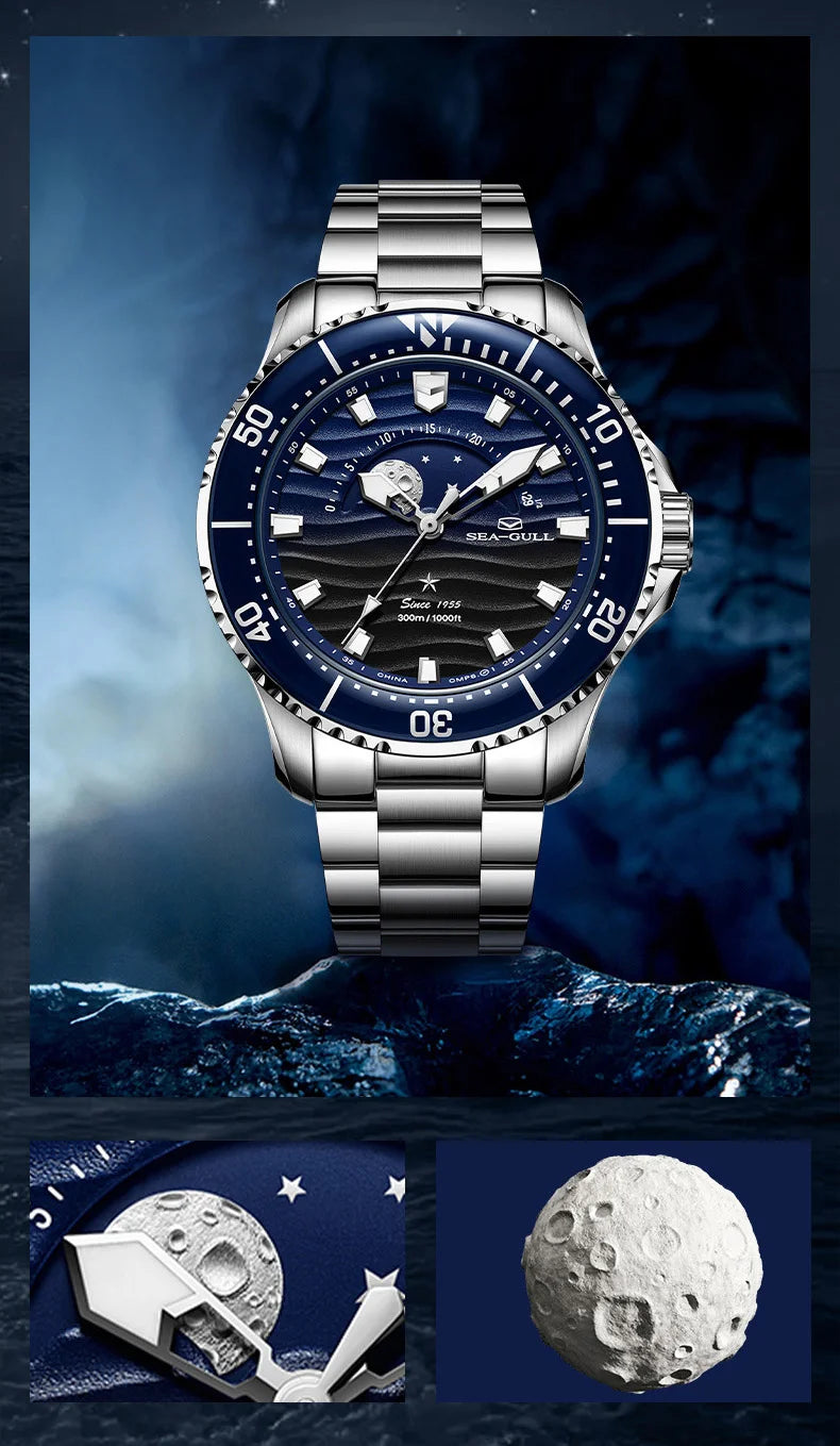 Seagull 43.5mm Diving Watch 300M Waterproof Automatic Mechanical Wristwatch Moon Phase Luminescent Men Watches 1215 New 2025