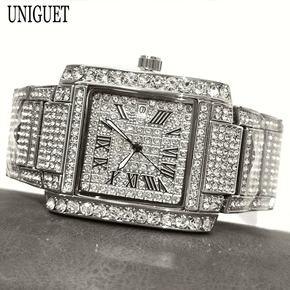 Luxury Brand Mens Silver Stainless Steel Quartz Watch Hip Hop Full Diamond Rectangle AAA Quality Fashion Wristwatch for Men 2025