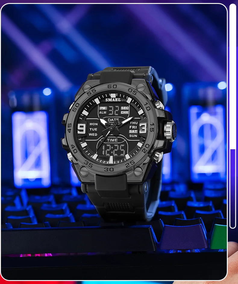 SMAEL Sports Watches 50M Waterproof Quatz Watches Mental Shockproof Men's Wristwatch Dual Time Alarm Clock  8138 Military Watch