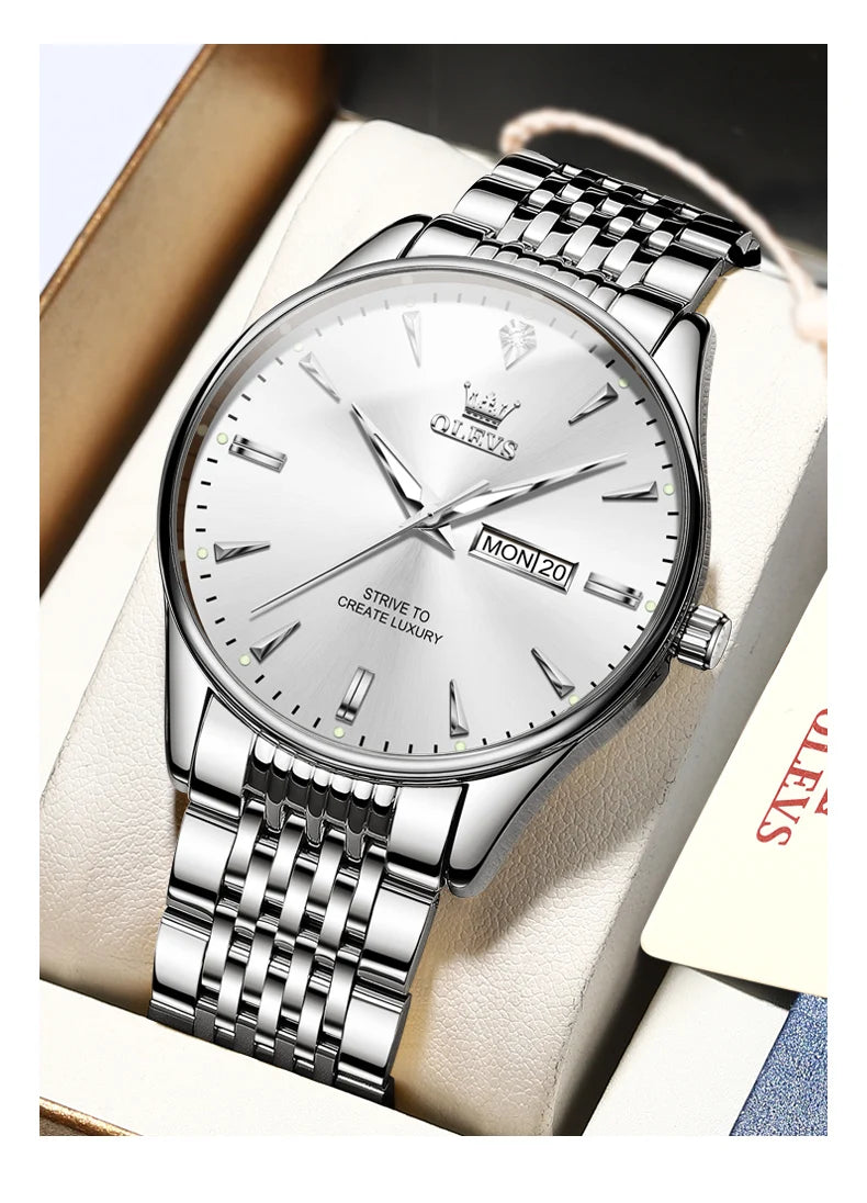 OLEVS 2929 Men Quartz Watch Original Waterproof Business Man Wristwatch Steel Strap Dual Calendar Luminous Fashion Watch For Men