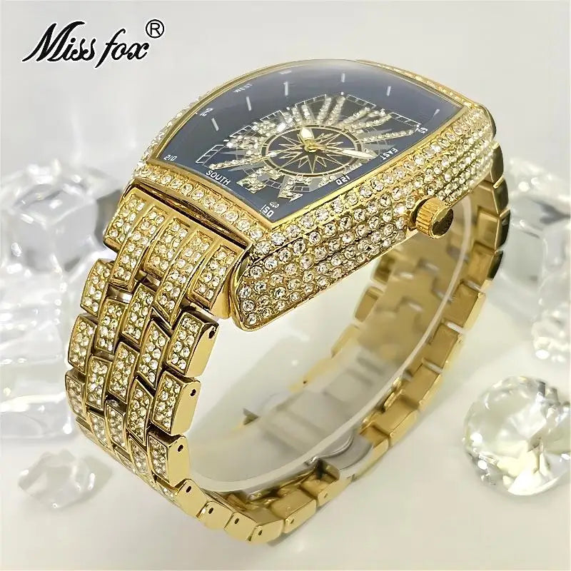 Luxury Gold Watches Men Brand MISSFOX Fashion Hip Hop lce Diamond Sun Pattern Literal Quartz Wristwatch Male Dropshipping Hot