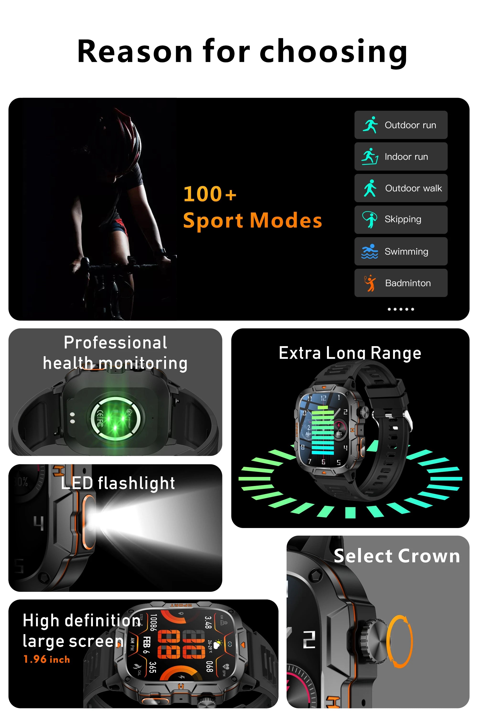 2025 New Military Grade Smart Watch Men 1.96" AMOLED Screen 5ATM Waterproof Simming Sports Fitness Tracker BT Call Smartwatches