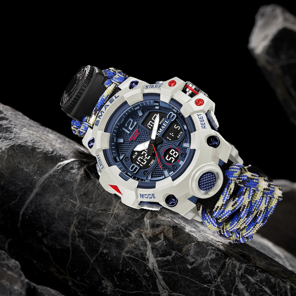 SMAEL 8008N Men's Military Sport Watch - 50M Waterproof LED Dual Time Alarm Stopwatch Compass SOS Shockproof