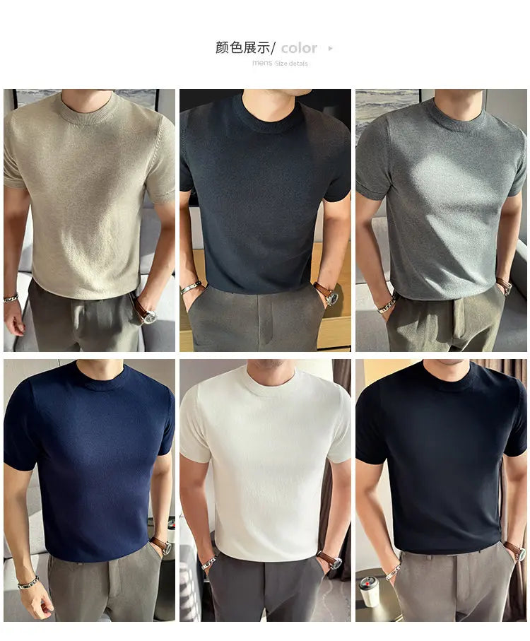 High-quality Men's Short-sleeve Knitted Sweater T-shirt O-Neck Solid Color Men Pullover T Shirts Slim Fit Stretch Undershirt Top