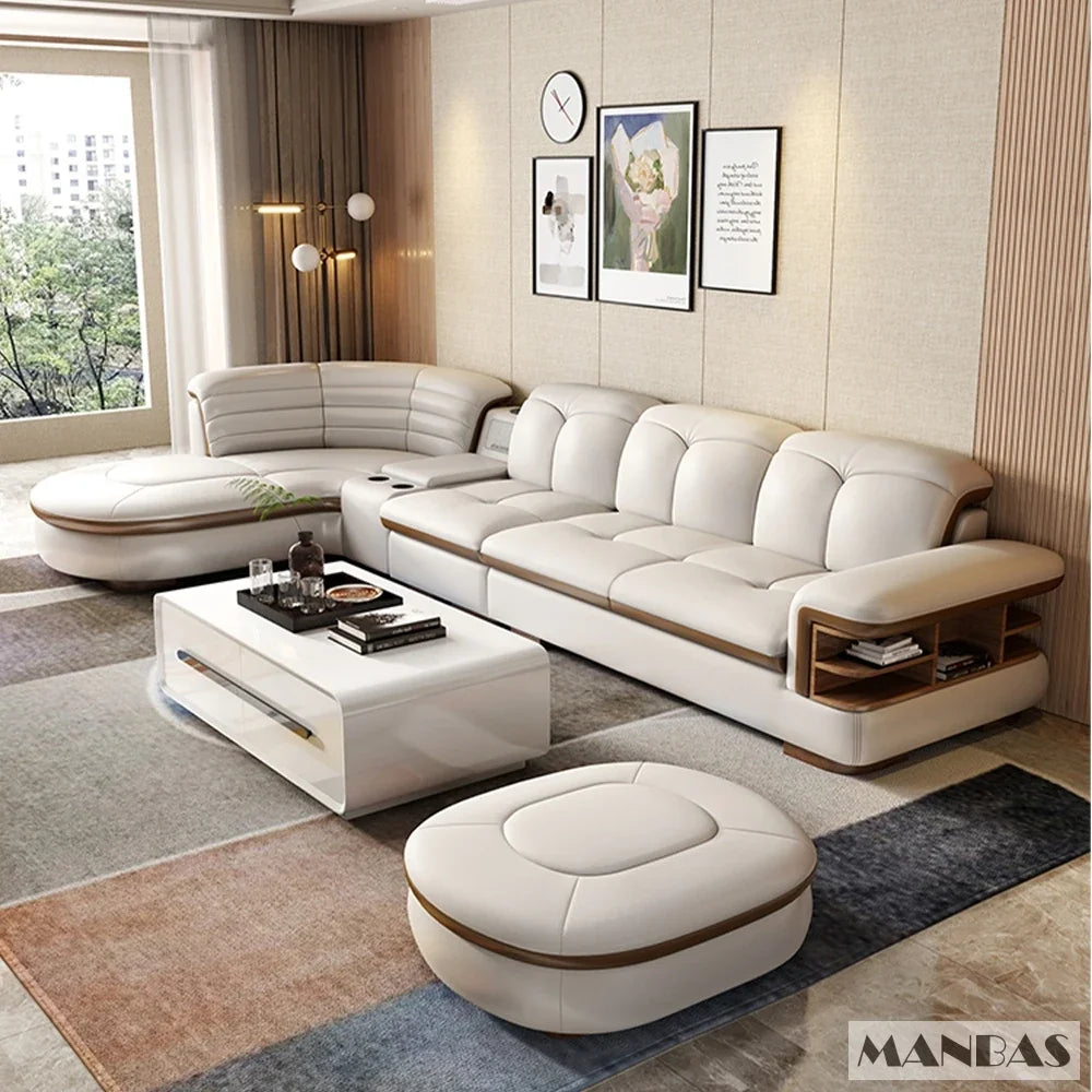 MANBAS Luxury L-Shaped Genuine Leather Sectional Sofa Sets with USB, Bluetooth Speaker - Living Room Italian Leather Couches