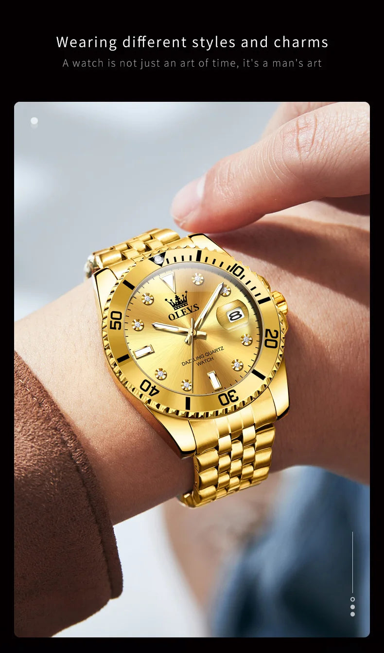 OLEVS 9809 Mens Watch Original Fashion Quartz Watch Zircon Scale Waterproof Luminous Reloj Hombre Automatic Date Watch For Man