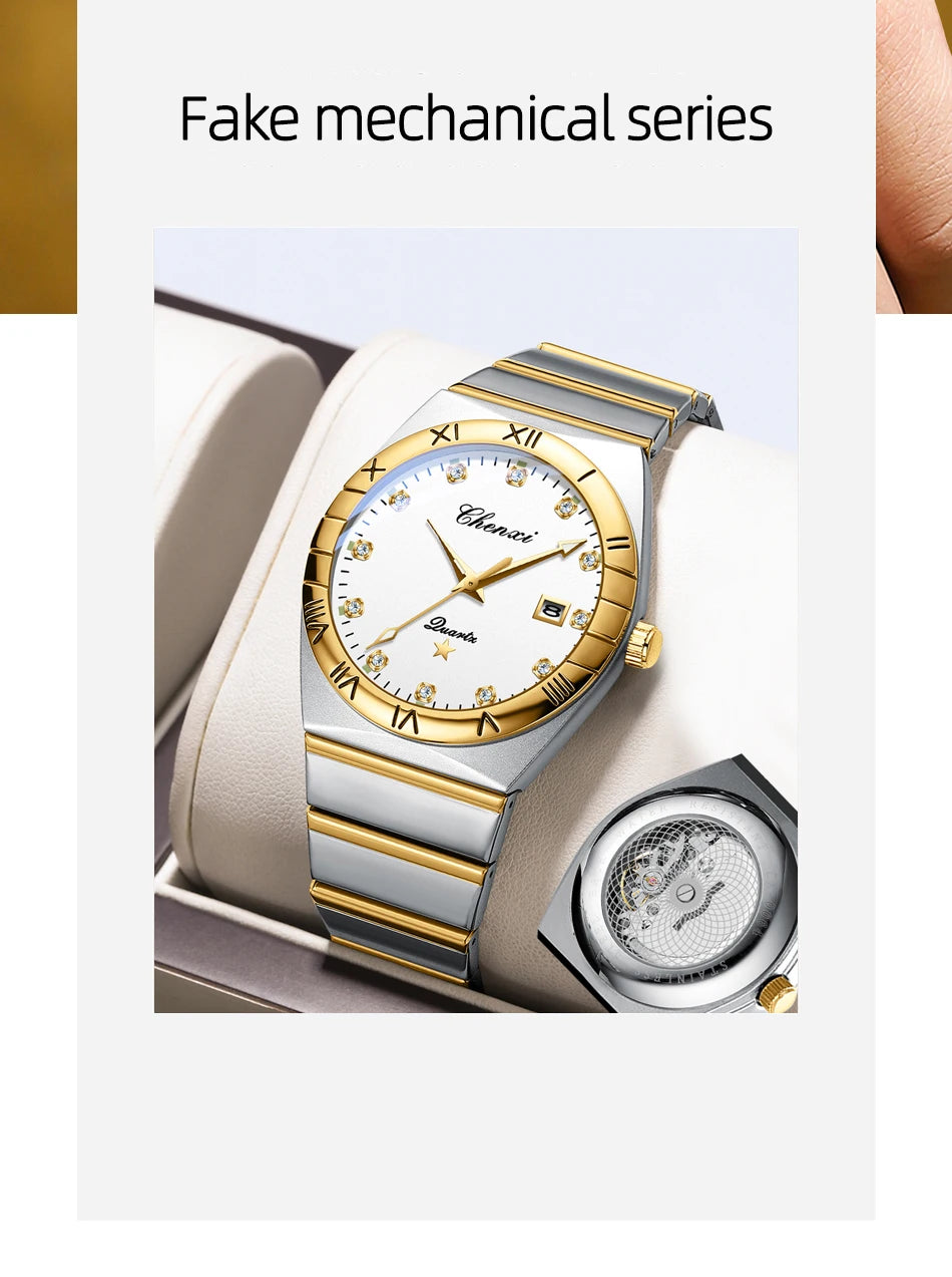CHENXI Watches For Men Sweep Second Movement See-through Quartz, Waterproof Mens Watch Stainless Steel Golden Wristwatches
