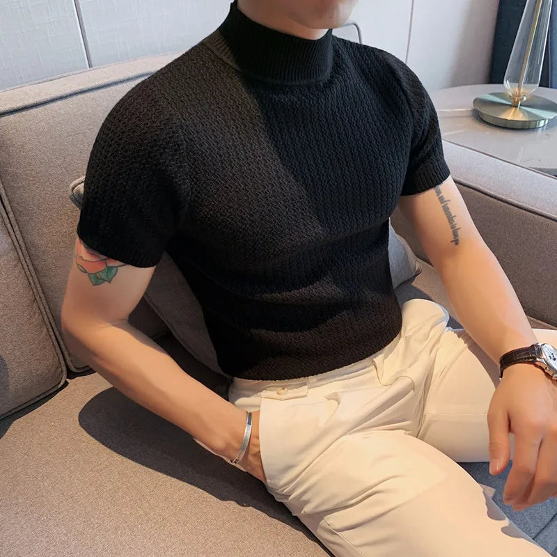 Fall Winter New Short Sleeve Knitted Sweater Men Clothing Half High Neck Slim Fit Sweater T-shirt Casual Stretch Homme Pullover