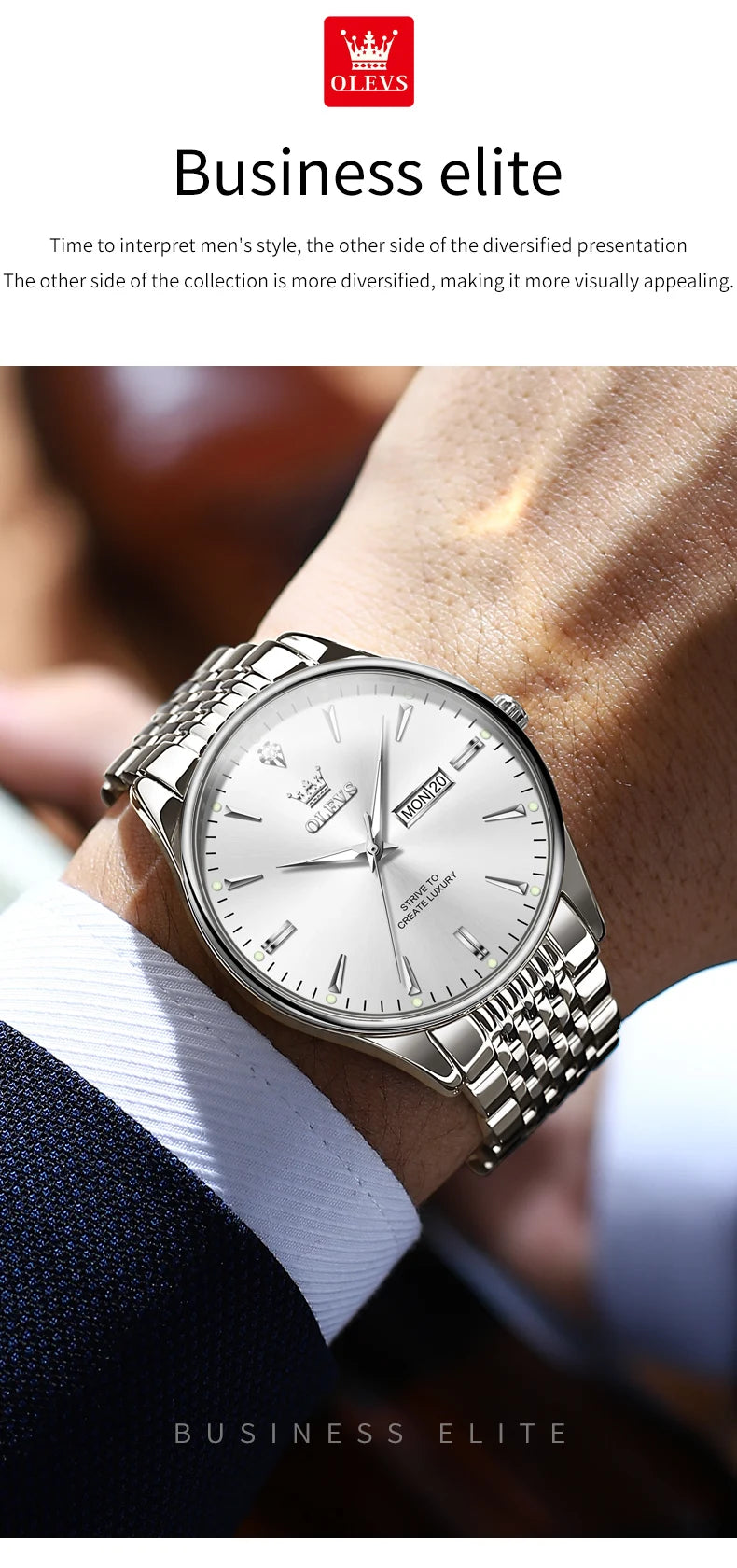 OLEVS 2929 Men Quartz Watch Original Waterproof Business Man Wristwatch Steel Strap Dual Calendar Luminous Fashion Watch For Men