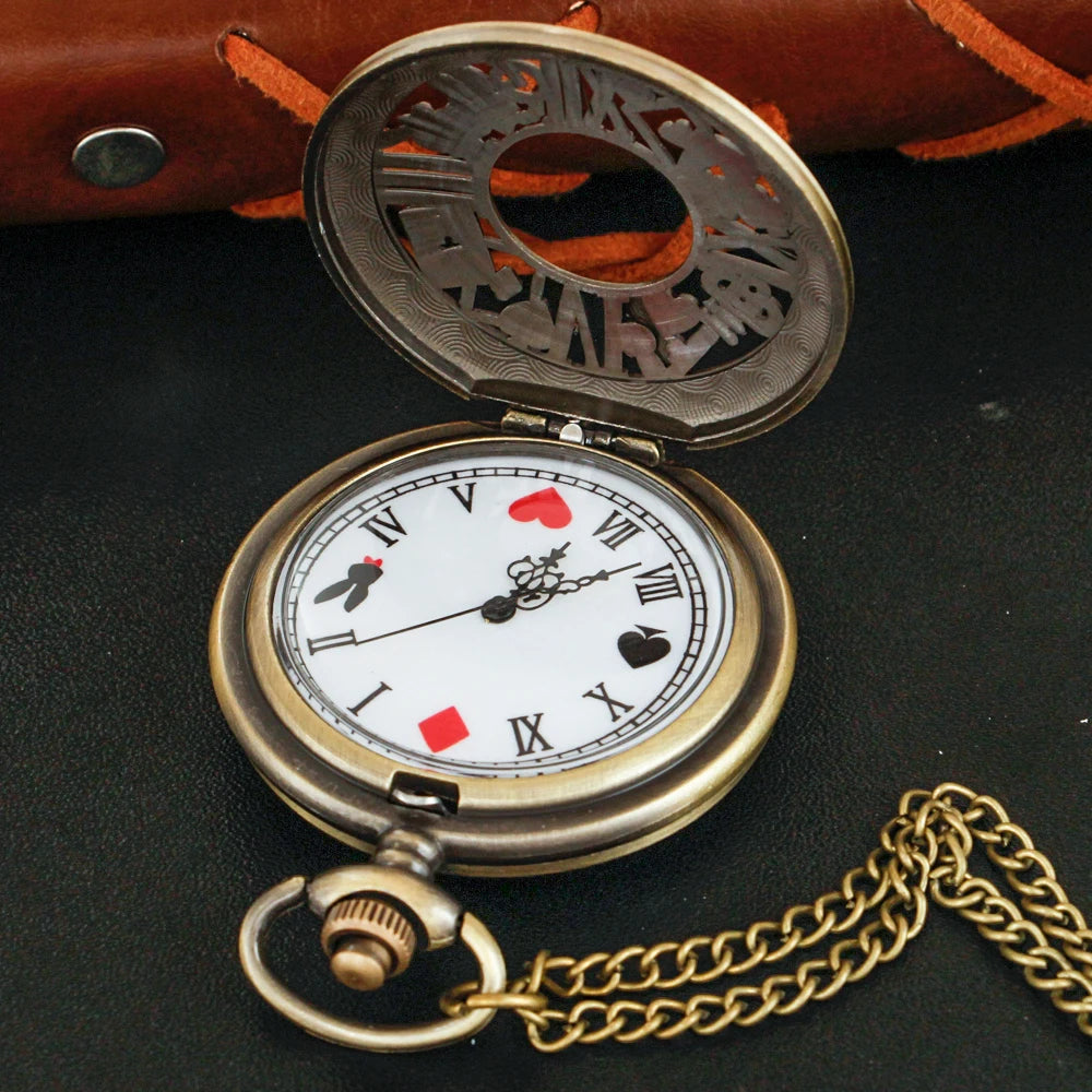 Cute Red Spade Rabbit Poker Quartz Pocket Watch Vintage Gentleman Pendant Universal Festival Gift for Boys and Girls