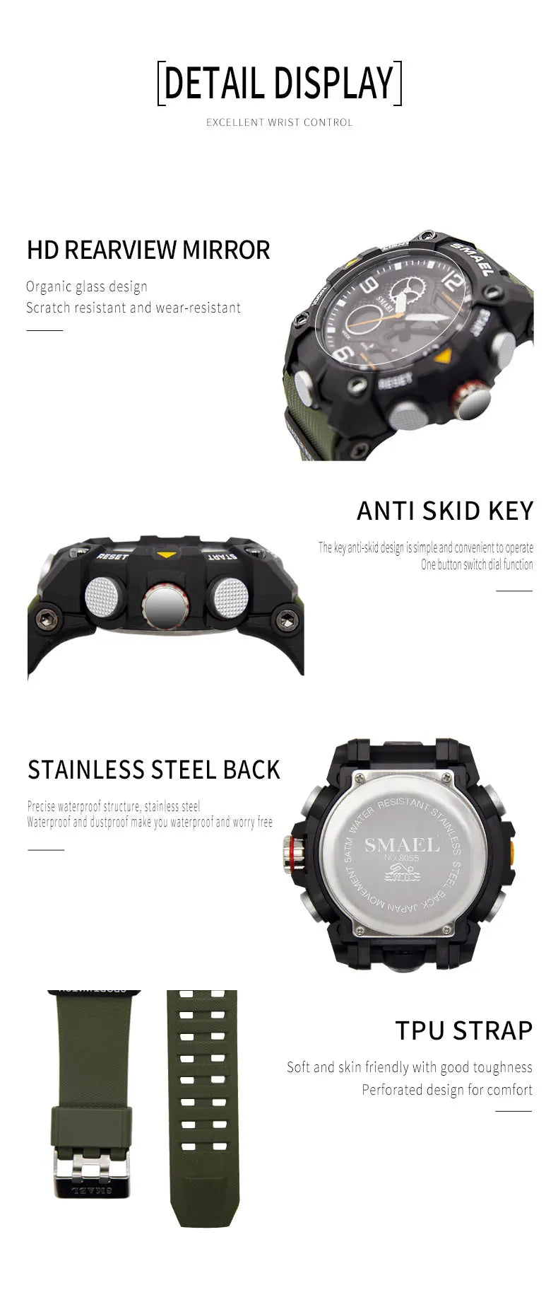 SMAEL Quartz Watch Sport 50M Waterproof Stopwatch Week Display LED Digital Alarm Clock Male 8055 Men Watches Sports Wristwatches