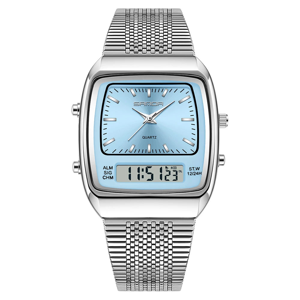 SANDA Outdoor Dual Display Men's Watch Luminous Waterproof TPU Strap Large Dial Chronograph Calendar Sports Wristwatch