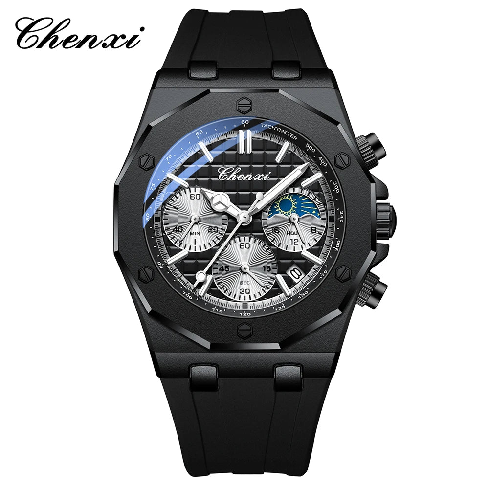 CHENXI Sports Multi-functional Silicone Man Watch Calendar Waterproof Quartz Men Watches Chronograph Moon Phase Men's Wristwatch