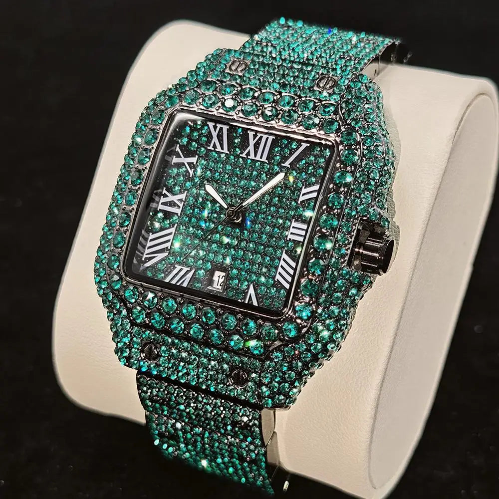 Cool Black Ice Watch For Men Brand UNIGUET Luxury Stainless Steel Quartz Timepiece Man Hip Hop Diamond Square Wristwatch New