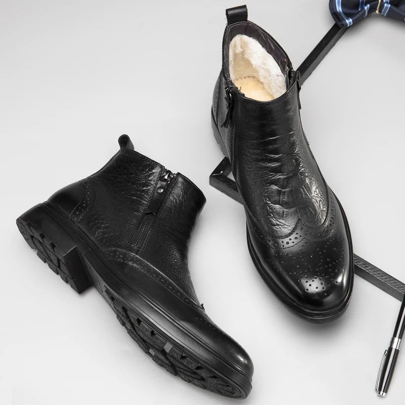 Genuine Leather Men Side Zipper Ankle Boots 2023 Men Winter Plush Snow Boots Fashion Men Casual Low Top Shoes All-match Men Shoe