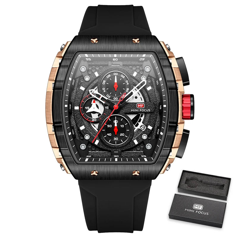 MINI FOCUS Chronograph Quartz Watches for Men Military Sport Silicone Strap Waterproof Wristwatch with Tonneau Dial Auto Date