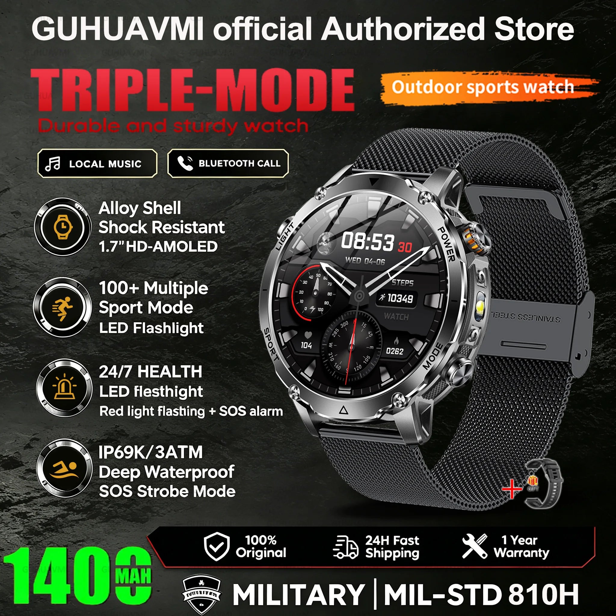 2026 New Smart Watch Bluetooth Call 1400mAh Large Battery Sport Heart Rate 1.7" Military Outdoor Men Smartwatch For Android IOS