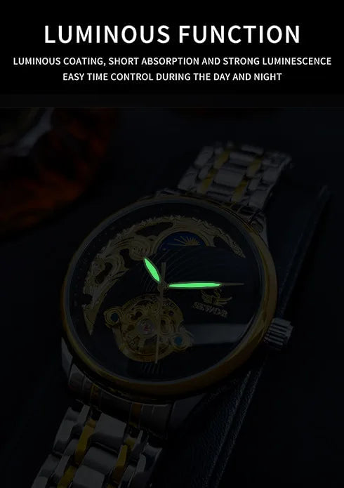 Stainless Steel New Vintage Skeleton Moonphase Luminous Waterproof Tourbillon Self-Wind Automatic Watch for Men