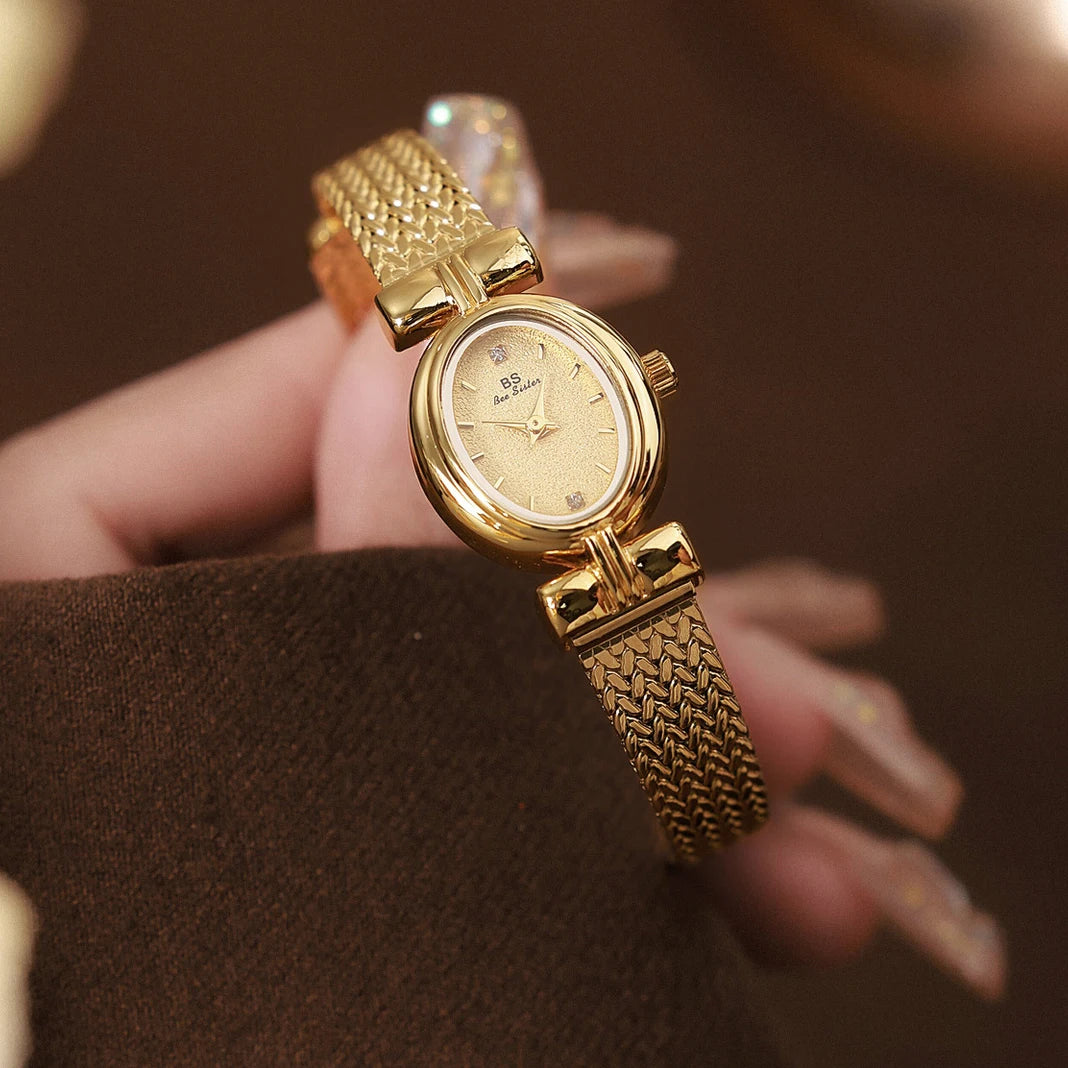 BS Original Brand Watch For Woman Oval Gold Mesh Strap Vintage Watch Women Ladies Quartz Watches Luxury Birthday Gifts Women