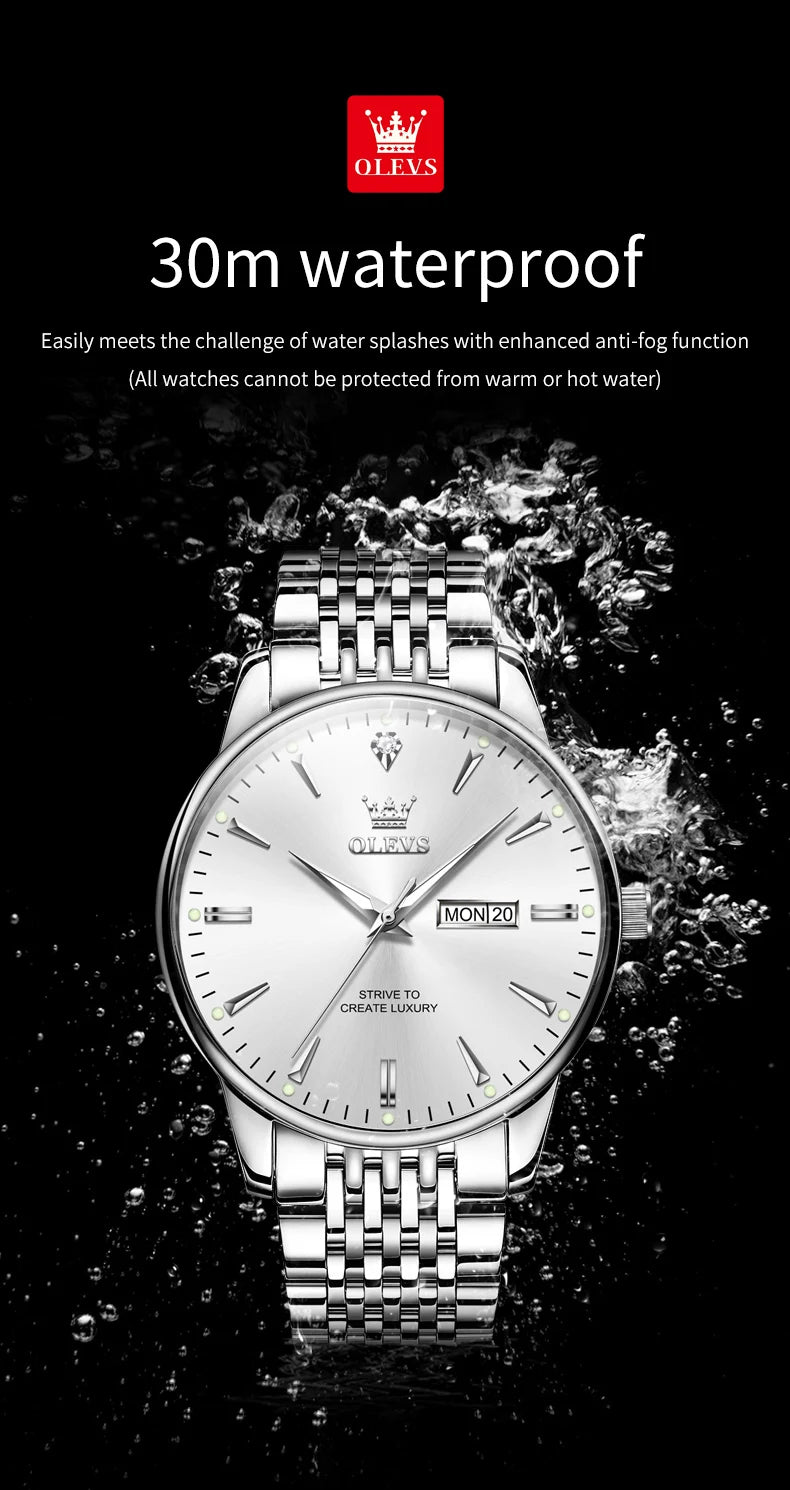 OLEVS 2929 Men Quartz Watch Original Waterproof Business Man Wristwatch Steel Strap Dual Calendar Luminous Fashion Watch For Men