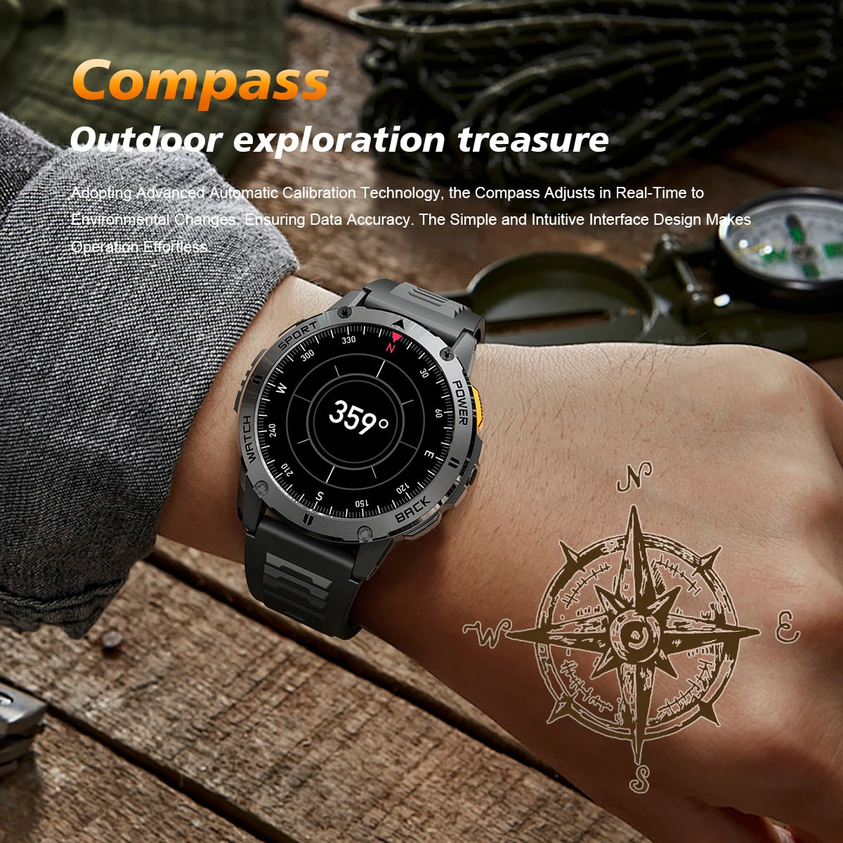 2026 New Smart Watch Men Compass Outdoor 3ATM Waterproof Sports Fitness Large Battery Bluetooth Call Smartwatch for Android iOS