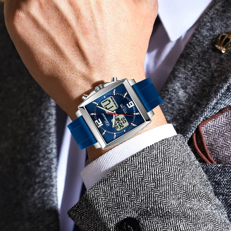 Fashion Casual Men Sports Watch Square Dial Dual Time CHENXI Watches Silicone Strap Waterproof Multifunction Wristwatch Male