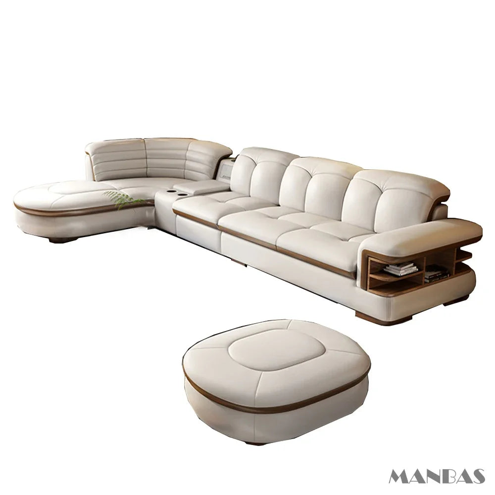 MANBAS Luxury L-Shaped Genuine Leather Sectional Sofa Sets with USB, Bluetooth Speaker - Living Room Italian Leather Couches