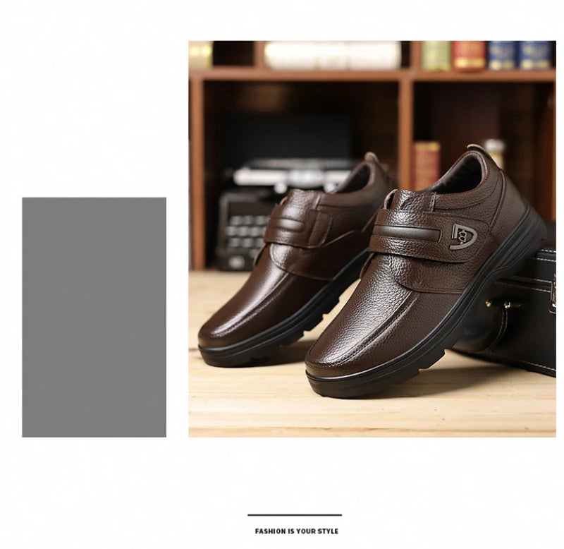 Mens Brown Litchi Grain Genuine Leather Casual Shoes Soft Sole Comfortable Walking Sneakers For Middle Aged Dad And Elderly