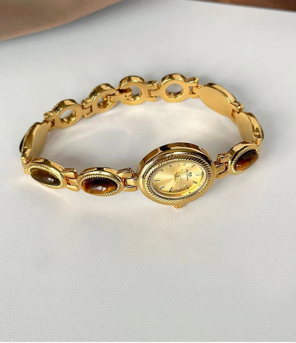 Women's Gold Watch Vintage Brown Jade Bracelet Small Dial Quartz Daily Wear Party Clock Luxury Waterproof Ladies Watches Gifts