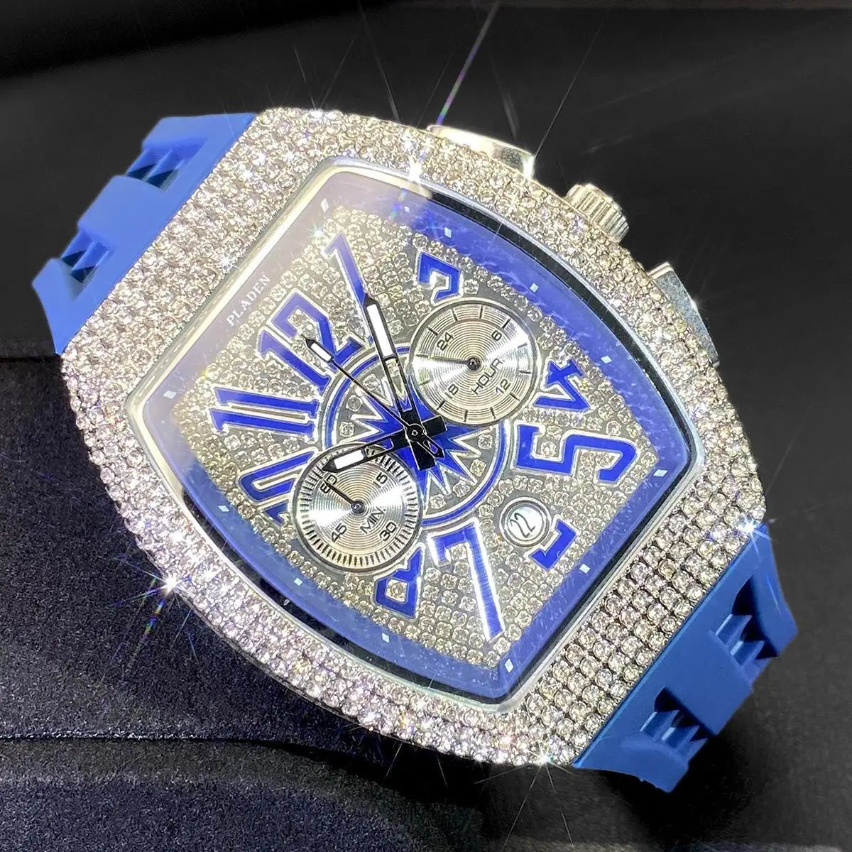 PLADEN Fashion Iced Out Watches Men Casual Blue Silicone Strap Quartz Wristwatch Man's Luxury Diamond Bling Tonneau Clocks 2026