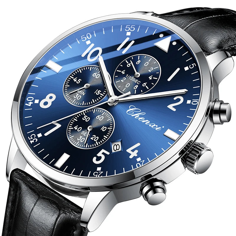 2025 New CHENXI Man Watch 43mm Classic Sports Chronograph Waterproof Luminous Quartz Men's Watches Leather Strap