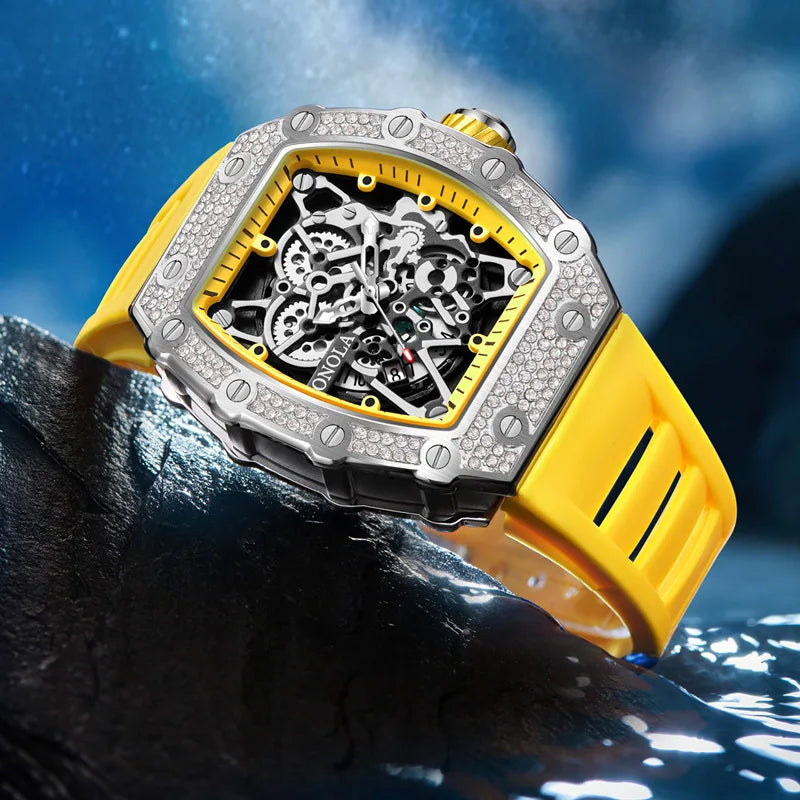 ONOLA Fashion Watch For Men Automatic Date Sports Silicone Strap Tonneau Clock Iced Diamond Quartz WristWatch Reloj Dropshipping