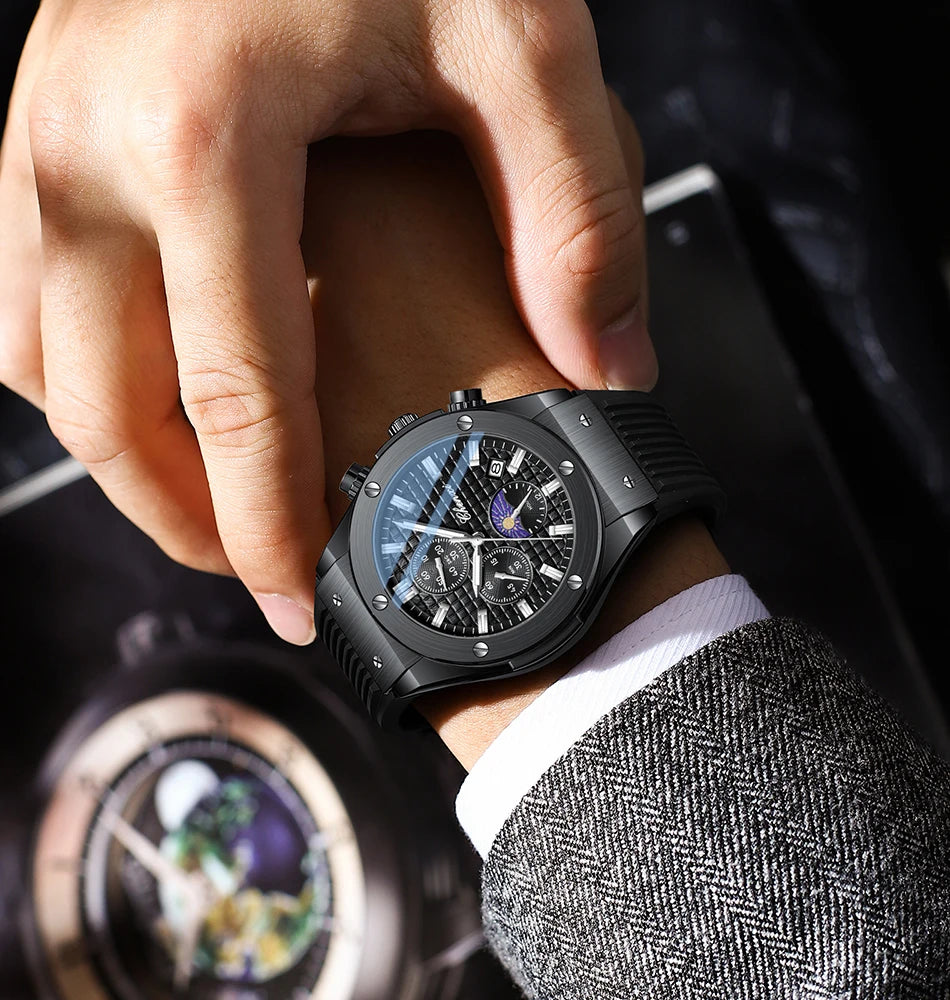 CHENXI Original Watch Quartz Waterproof Sports Watches Men Silicone Strap Chronograph Calendar Multi Functional Wristwatches