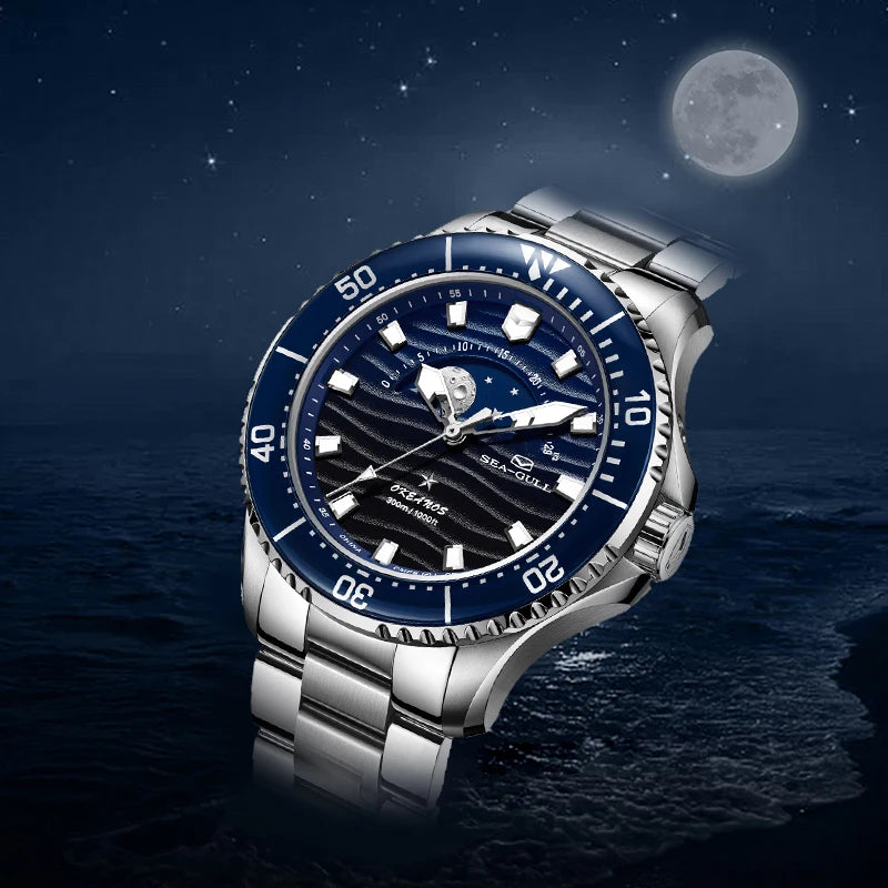 Seagull 43.5mm Diving Watch 300M Waterproof Automatic Mechanical Wristwatch Moon Phase Luminescent Men Watches 1215 New 2025