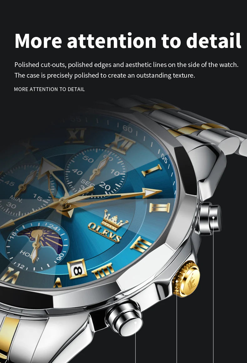 OLEVS 3675 Mens Watch Original Multifunctional Chronograph Quartz Watch Moon Phase Watches For Men Waterproof Mens Gifts Reloj