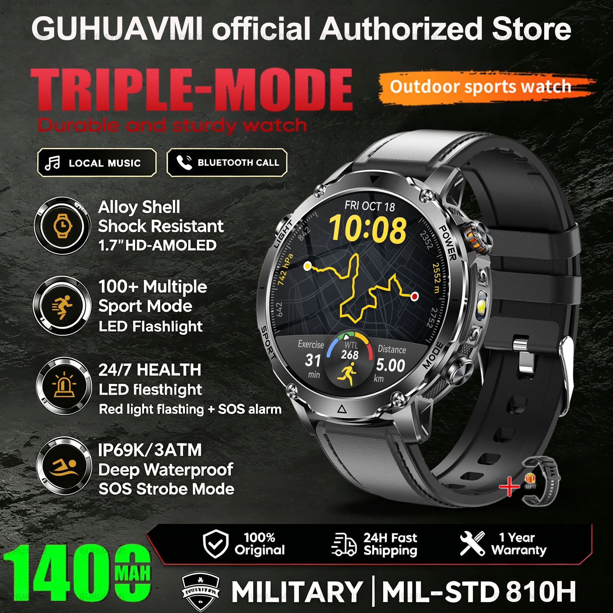 2026 New Smart Watch Bluetooth Call 1400mAh Large Battery Sport Heart Rate 1.7" Military Outdoor Men Smartwatch For Android IOS