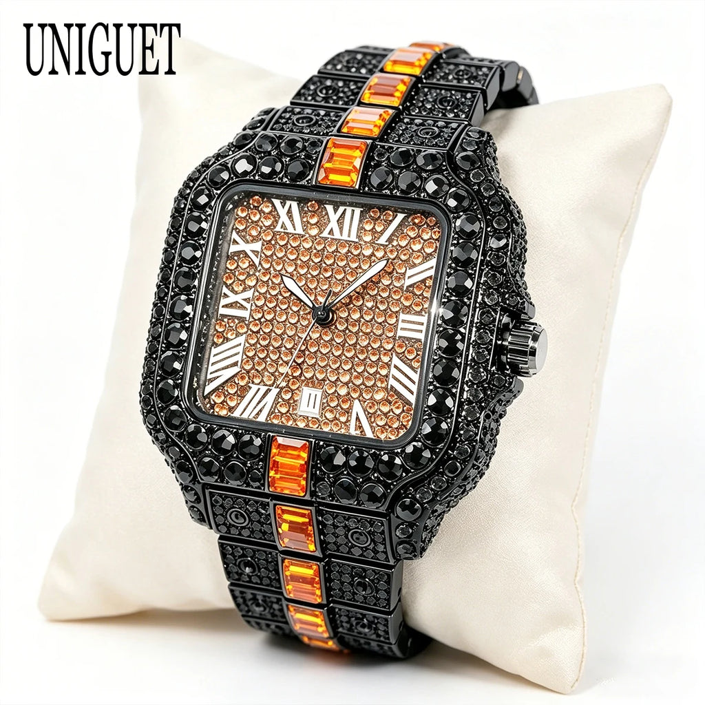 UNIGUET Cool Black Diamond Watch For Men Fashion Hip Hop Green Iced Out Square Quartz Wristwatch With Date Reloj Hombre