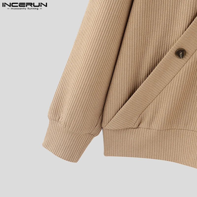 Autumn Stylish Men Tops INCERUN Hot Sale Texture Diagonal Sweater Casual Streetwear Solid V-neck Long Sleeved Sweater S-5XL 2024