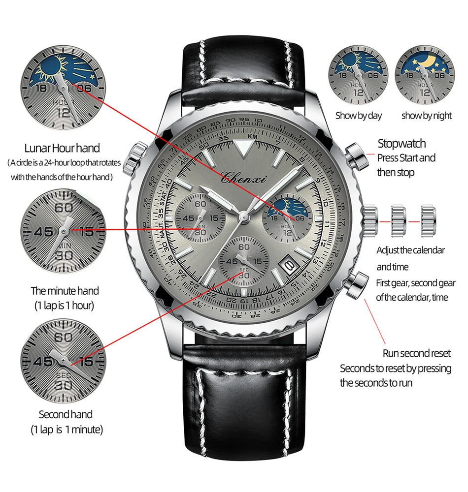CHENXI Fashion Business Watches For Man Round Dial Black Leather Band Men's Watches Luminous Waterproof Man Watch