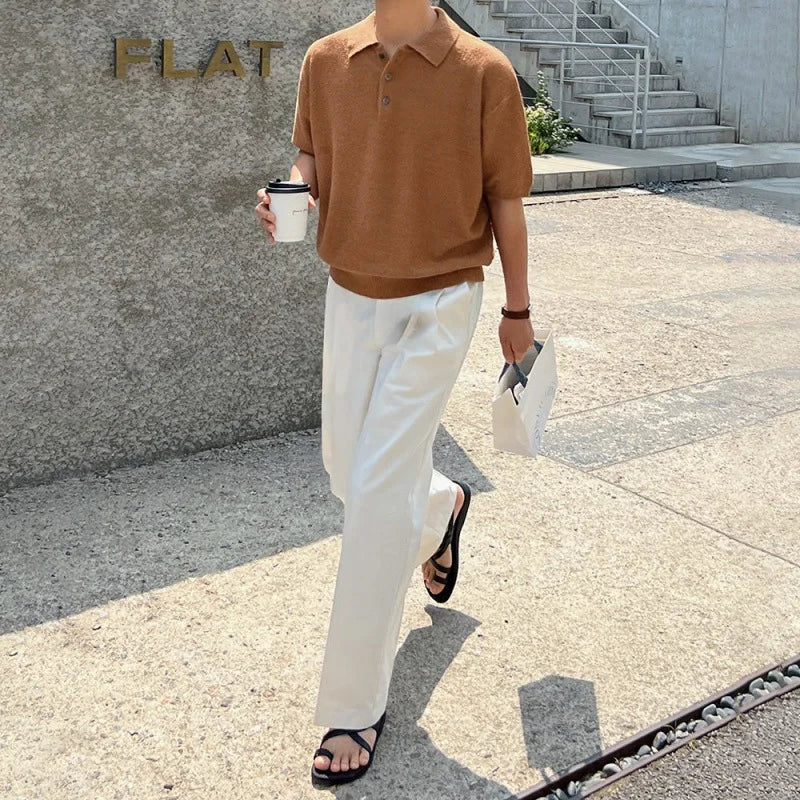 Men's Summer Simplicity Vintage Knitted Polo Shirt, Loose Casual Half Sleeves, Korean Fashion Lapel T-shirt, Short Sleeve