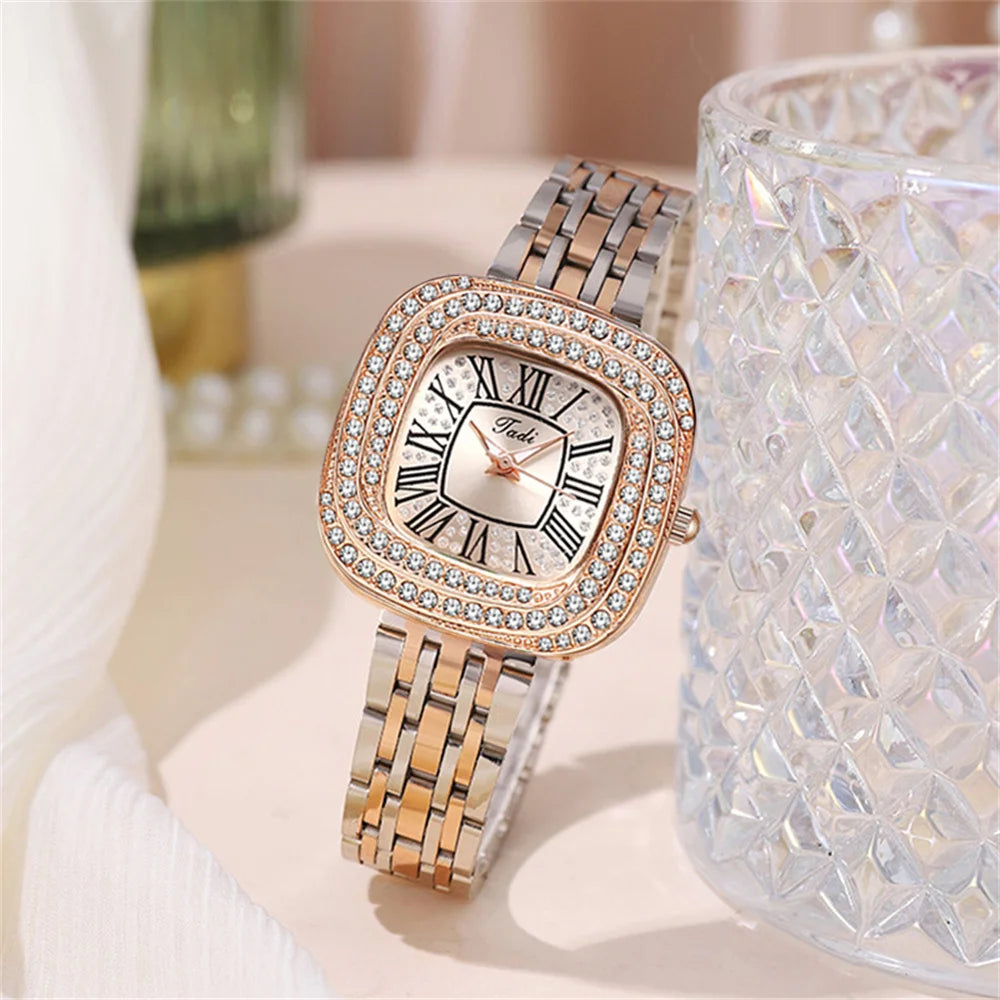 Ladies 2024 Square Roman Star Quartz Watch with Diamonds Stainless Steel Business Woman Clock Gift Wristwatch
