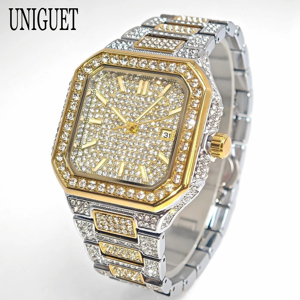 2025 New Black Iced Watch For Men Brand UNIGUET Fashion Waterproof Quartz Watch Man Hip Hop Diamond Jewelry Square Wristwatch