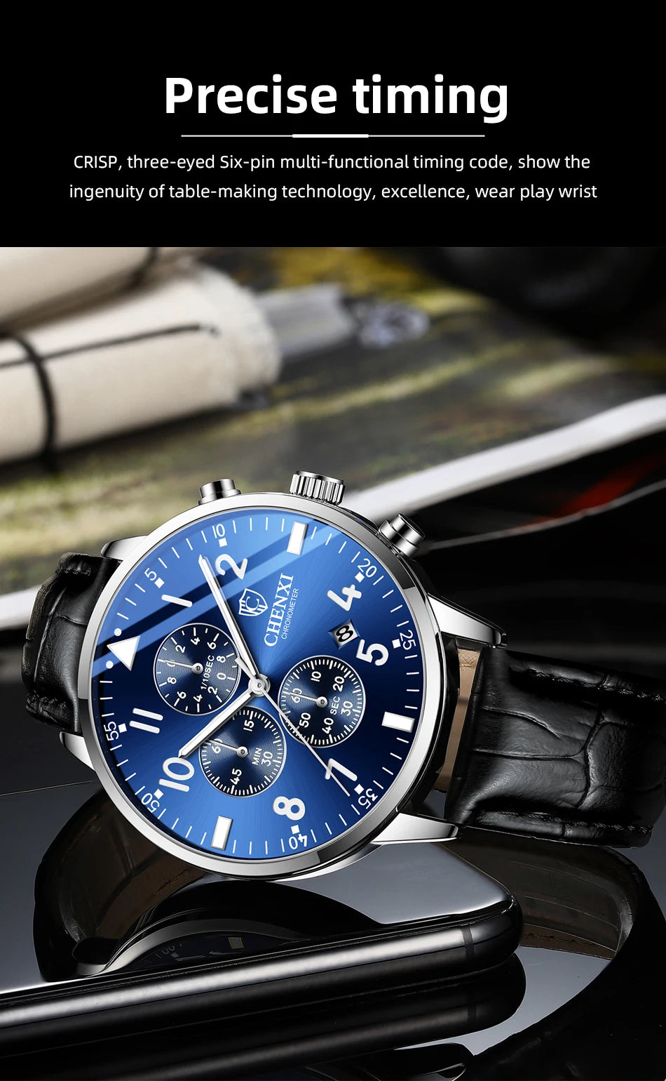 2025 New CHENXI Man Watch 43mm Classic Sports Chronograph Waterproof Luminous Quartz Men's Watches Leather Strap